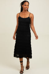 Black Lace Ruffle Trim Tiered Midi Dress