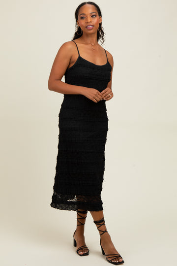Black Lace Ruffle Trim Tiered Midi Dress