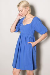 Blue Sweetheart Neckline Puff Sleeve Dress