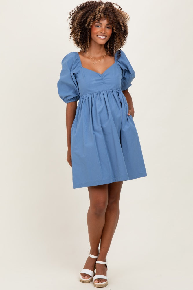 Blue Sweetheart Neckline Puff Sleeve Maternity Dress