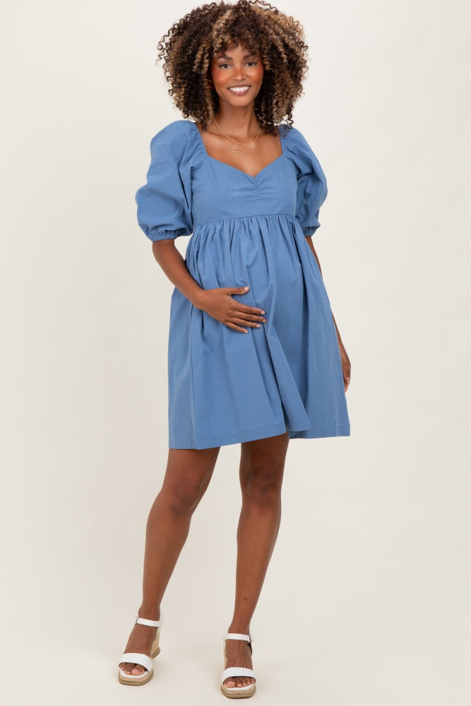 Blue Sweetheart Neckline Puff Sleeve Maternity Dress