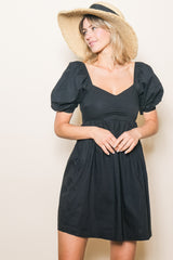 Black  Sweetheart Neckline Puff Sleeve Dress