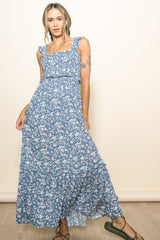 Blue Floral Smocked Ruffle Accent Maternity Maxi Dress