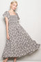 Olive Floral Smocked Lace Trim Flutter Sleeve Midi Dress