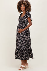 Black Floral Smocked Lace Trim Flutter Sleeve Maternity Midi Dress