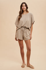 Taupe Textured Knit Dolman Sleeve Top Shorts Set