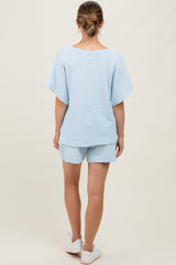 Light Blue Textured Knit Dolman Sleeve Top Shorts Maternity Set