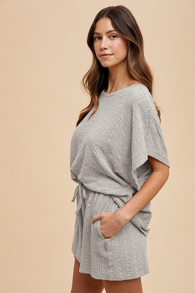 Heather Grey Textured Knit Dolman Sleeve Top Shorts Set