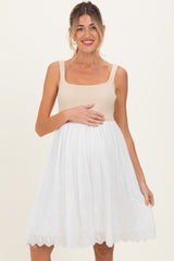 Beige Knit Contrast Eyelet Lace Skirt Maternity Mini Dress