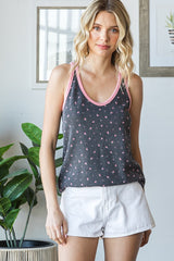 Charcoal Floral Ribbed Contrast Trim Tank Top