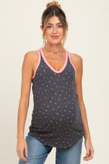 Charcoal Floral Ribbed Contrast Trim Maternity Tank Top