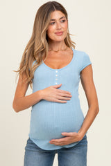 Sky Blue Jacquard Button Front Maternity Short Sleeve Top