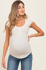 Beige Jacquard Button Front Maternity Short Sleeve Top
