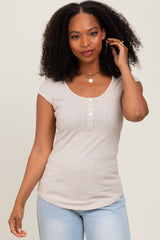 Beige Jacquard Button Front Maternity Short Sleeve Top