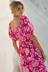 Fuchsia Floral Sweetheart Neckline Midi Dress