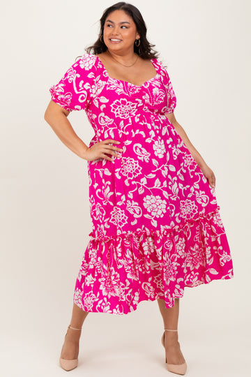 Fuchsia Floral Sweetheart Neckline Plus Midi Dress