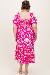 Fuchsia Floral Sweetheart Neckline Maternity Plus Midi Dress