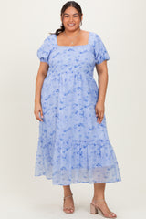 Blue Abstract Puff Sleeve Ruffle Detail Plus Midi Dress
