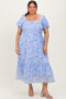Blue Abstract Puff Sleeve Ruffle Detail Plus Midi Dress