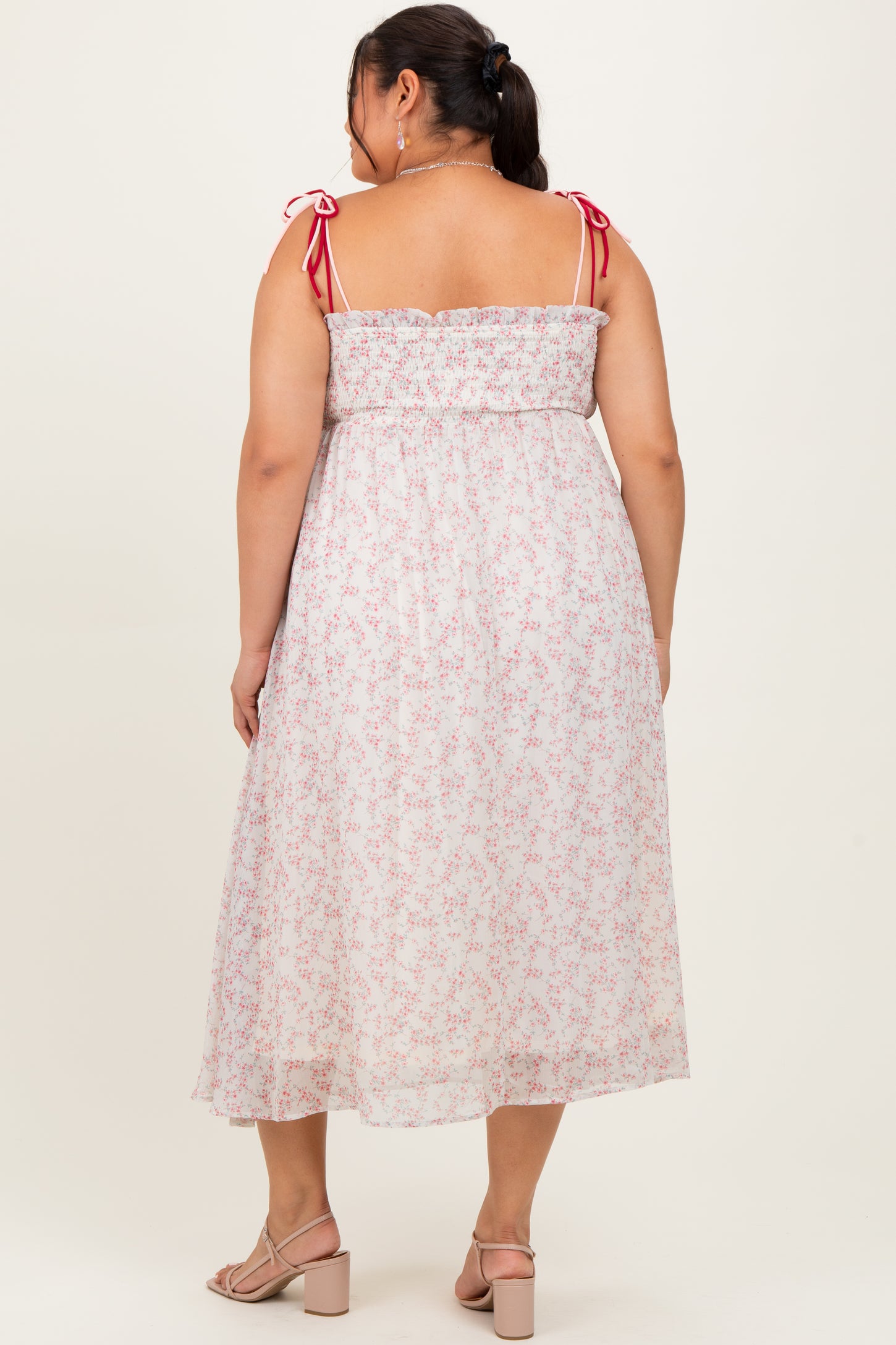 Pink Floral Ruffle Detail Shoulder Tie Plus Midi Dress