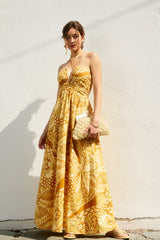 Yellow Printed Cutout Halter Maternity Maxi Dress