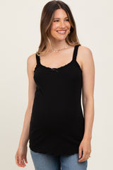 Black Lace-Trim Ribbed Maternity Tank Top