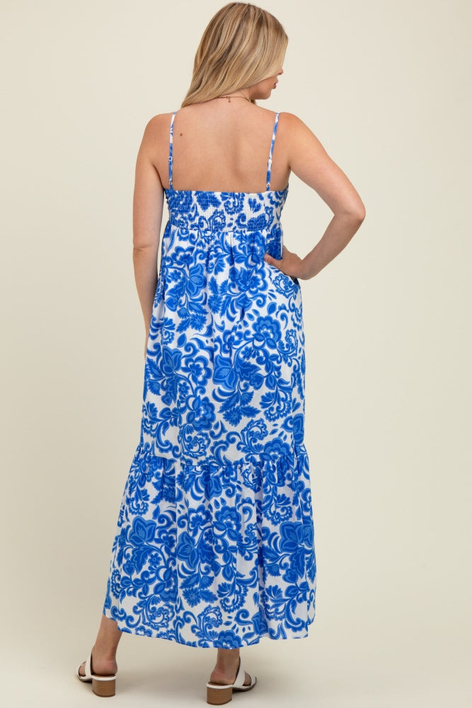 Blue Floral Flowy Ruffle Hem Maternity Maxi Dress