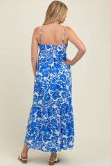 Blue Floral Flowy Ruffle Hem Maternity Maxi Dress