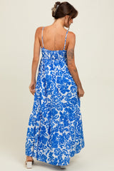 Blue Floral Flowy Ruffle Hem Maxi Dress