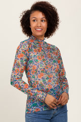 Blue Floral Mesh Long Sleeve Turtle Neck Top