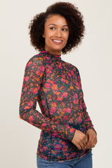 Black Floral Mesh Long Sleeve Turtle Neck Top