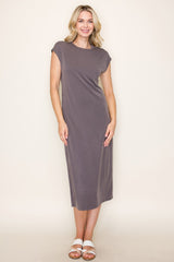 Charcoal Solid Short Sleeve Midi Dress