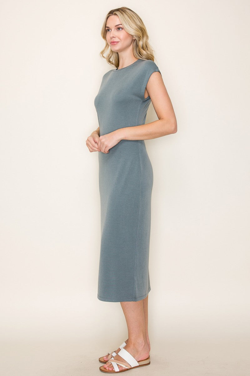 Light Olive Solid Short Sleeve Midi Dress