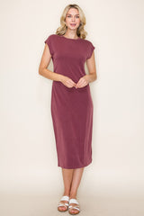 Burgundy Solid Short Sleeve Midi Dress