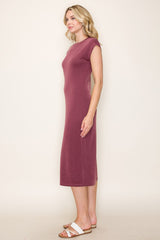 Burgundy Solid Short Sleeve Midi Dress