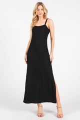 Black Textured Stripe Side Slit Maxi Dress