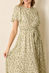 Light Olive Floral Waist Tie Midi Maxi Dress