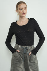 Black Lace Ruffle Neckline Long Sleeve Top