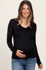 Black Lace Ruffle Neckline Maternity Long Sleeve Top