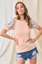 Peach Contrast Floral Puff Sleeve Top