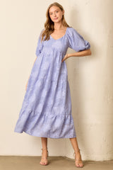 Blue Leaf Textured Tiered Midi Dress