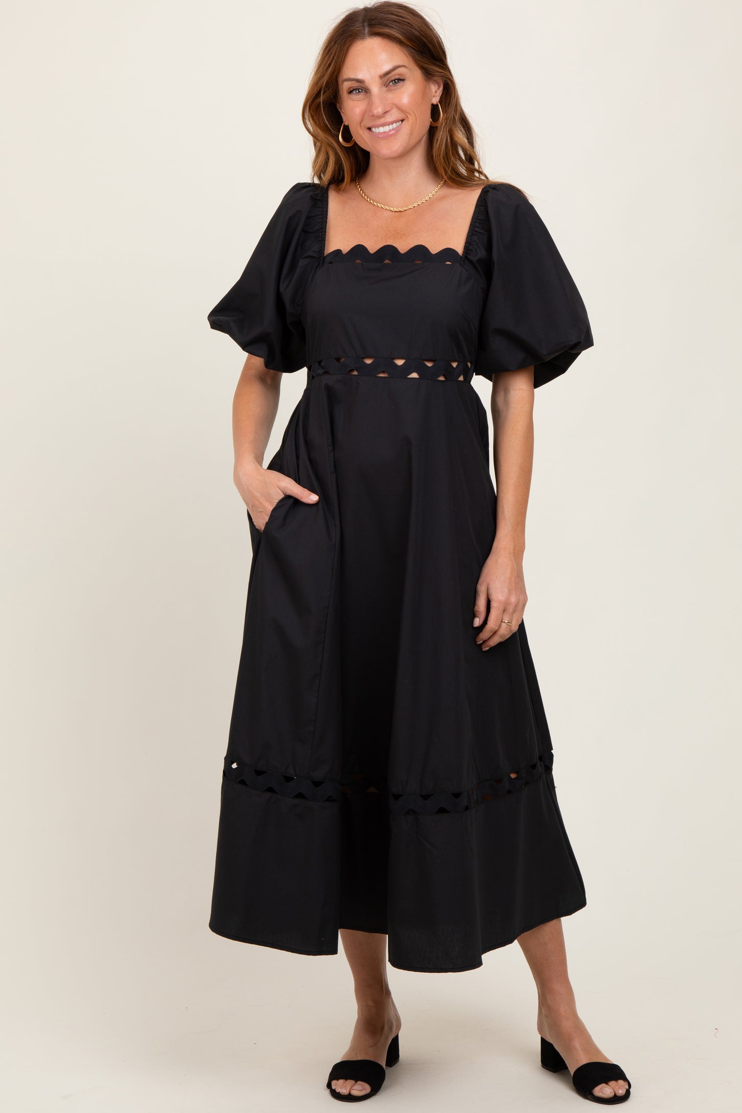 Black Wavy Trim Puff Sleeve Maternity Midi Dress