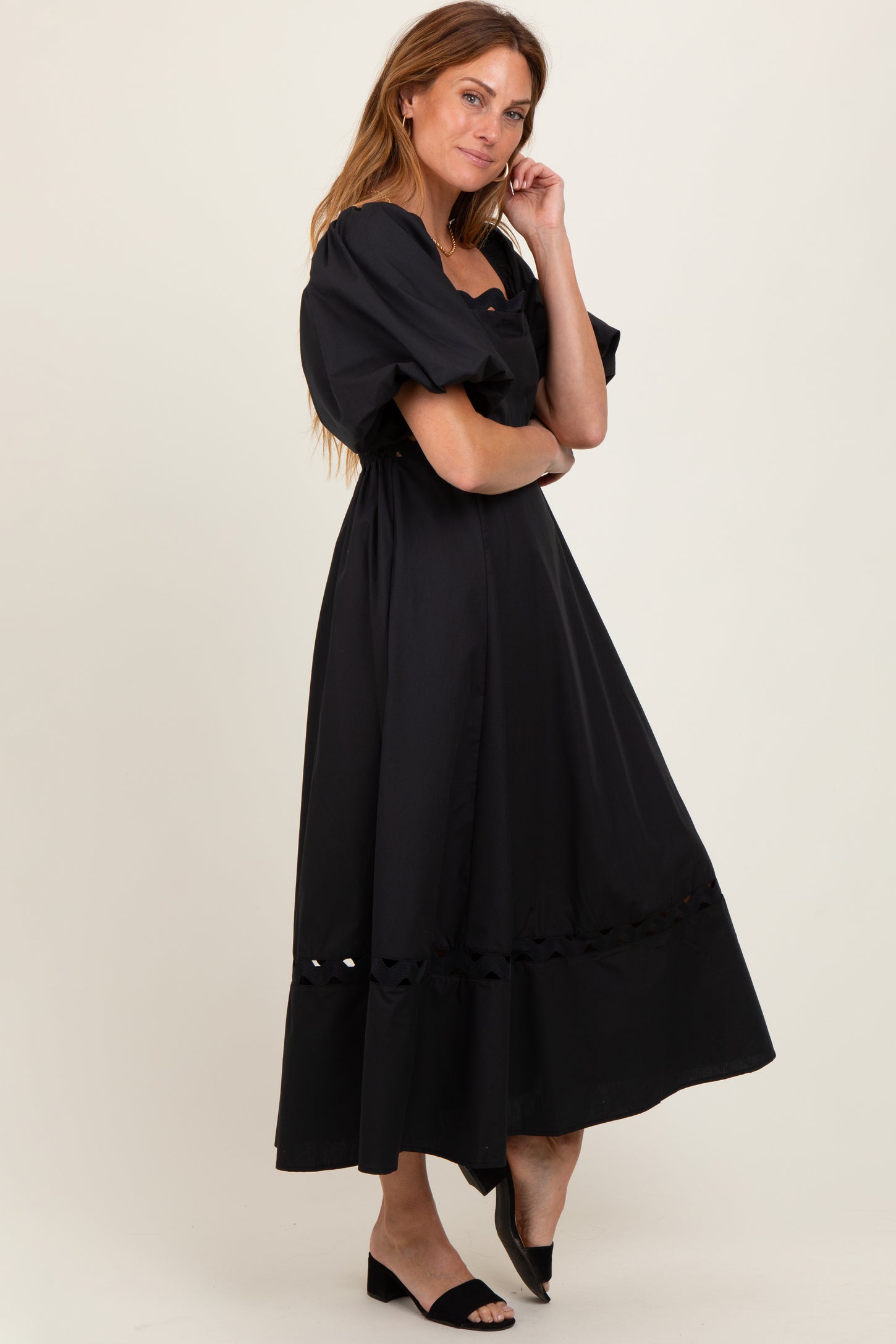 Black Wavy Trim Puff Sleeve Midi Dress