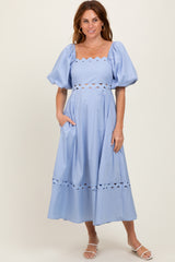 Blue Wavy Trim Puff Sleeve Midi Dress