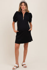 Black Jacquard 1/4 Zip Maternity Mini Shirt Dress