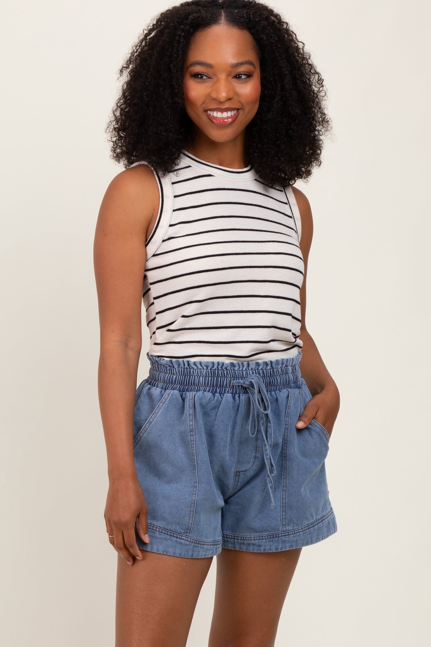 Blue Chambray Smocked Drawstring Waist Shorts