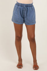 Blue Chambray Smocked Drawstring Waist Shorts