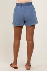 Blue Chambray Smocked Drawstring Waist Shorts