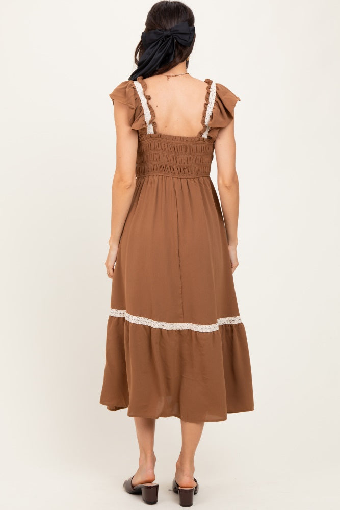 Mocha Smocked Lace Detail Midi Dress