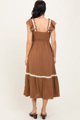 Mocha Smocked Lace Detail Midi Dress